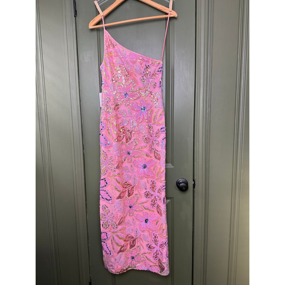 NWT Saylor Isa Floral Sequin Sparkle One Shoulder Midi Dress Pink Multi Small - Picture 5 of 8
